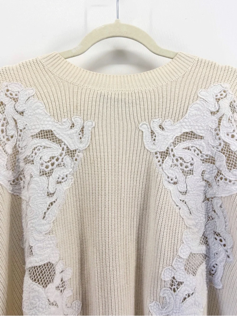Sandro Paris Cream Rib Knit Wool Blend Sweater Lace Eyelet Panels Open Back S